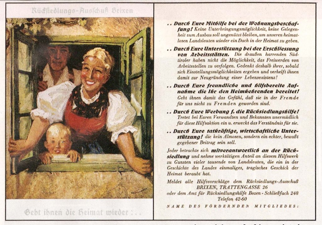 Plakat des Rücksiedlungsausschusses Brixen aus dem Jahre 1950. Es galt, den Rücksiedlern wieder Wohnungen und Arbeitsplätze zu beschaffen. Hier wurden die im Lande Verbliebenen zu solidarischer Hilfe aufgerufen.