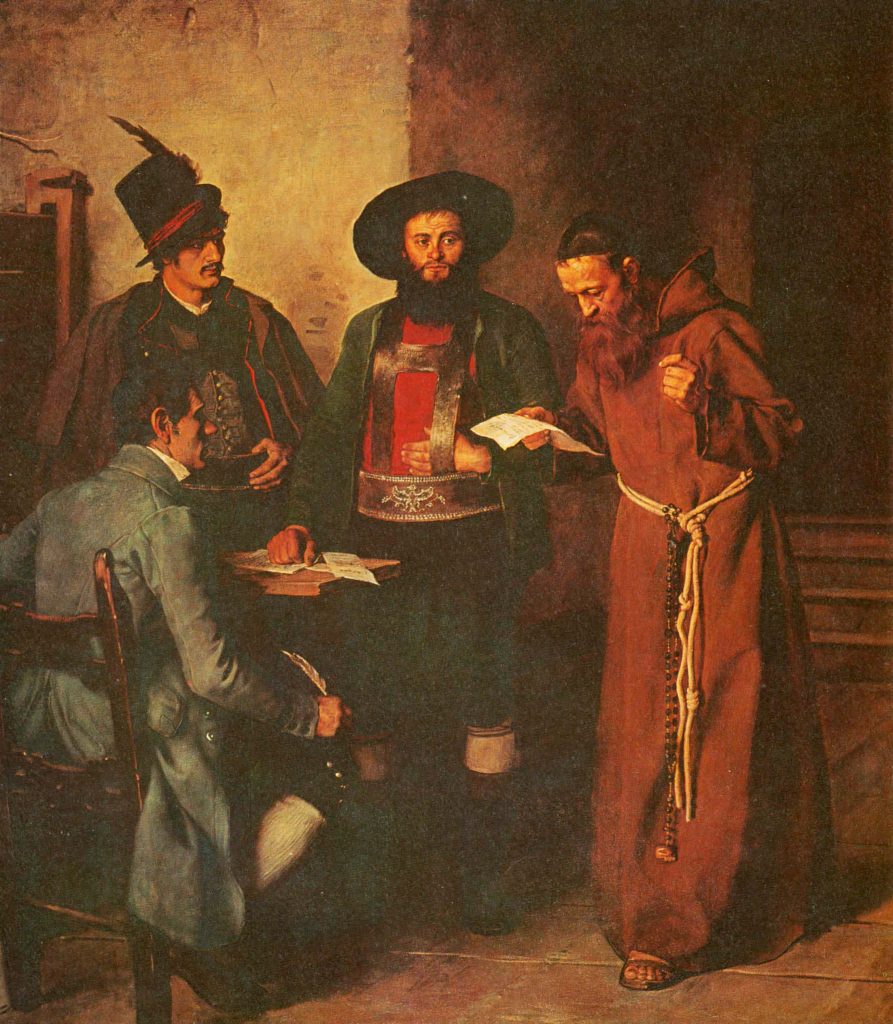 Dieses Bild Franz von Defreggers zeigt die Tiroler Freiheitskämpfer Josef Speckbacher, Andreas Hofer und Pater Joachim Haspinger im Jahre 1809 beim Kriegsrat. Vor ihnen sitzt Andeas Hofers Sekretär Kajetan Sweth.