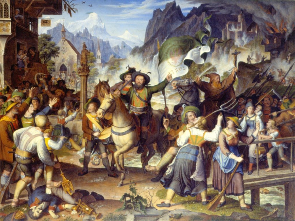 Das im Innsbrucker Landesmuseum Ferdinandeum befindliche Gemälde von J. Koch zeigt Andreas Hofer, Josef Speckbacher und Pater Joachim Haspinger im Tiroler Freiheitskampf von 1809.